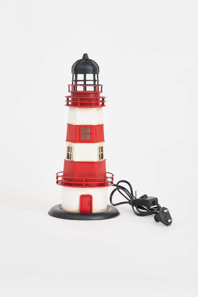 FARO DE METAL CON LED 32CM BLANCO Y ROJO
